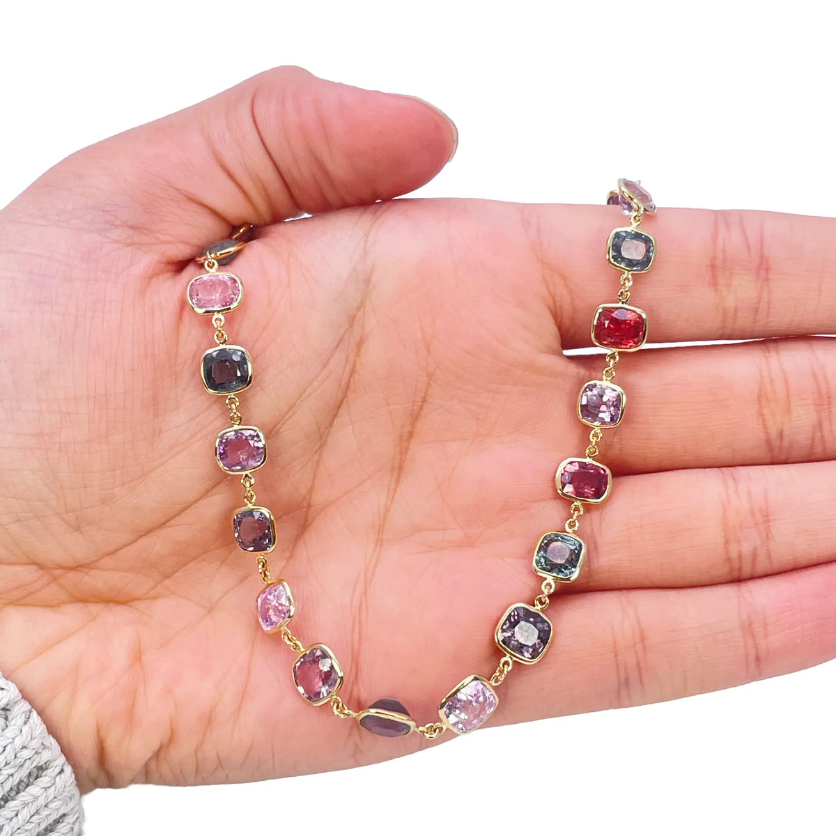 14ct Yellow Gold Spinel Gemstone Rubover Set Chain Necklace 19''inch 43.49ct 