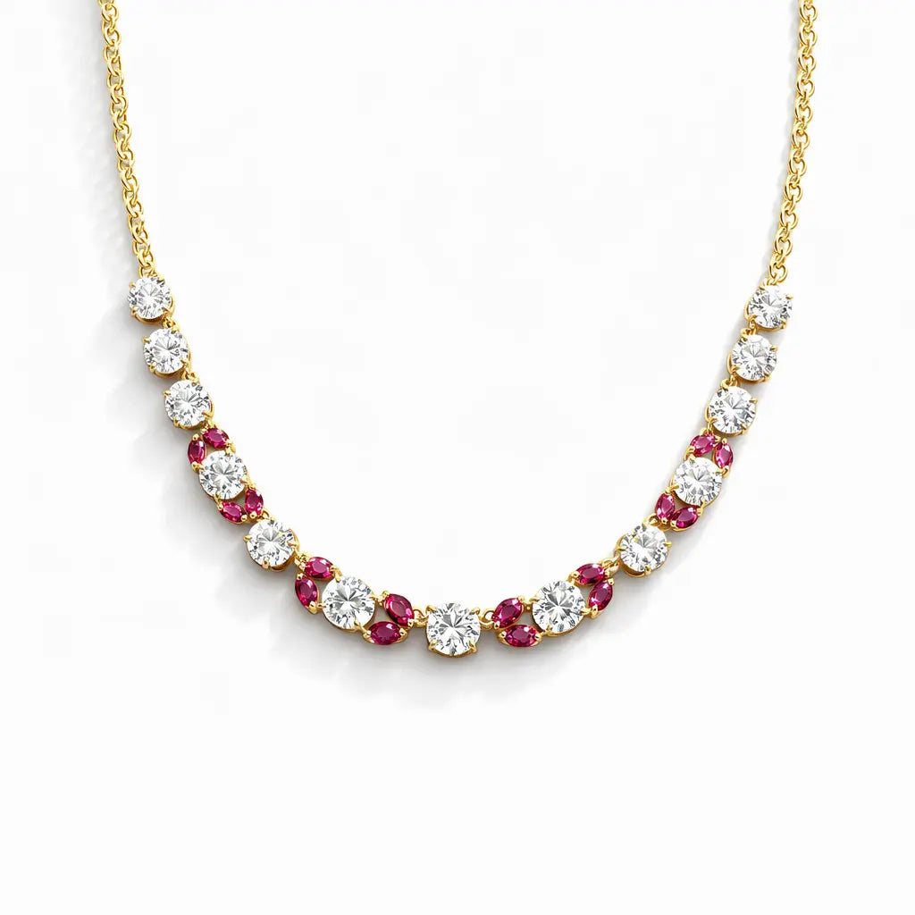 18ct Cubic Zirconia & Synthetic Ruby Necklace, 22.6gms  Gold Necklace
