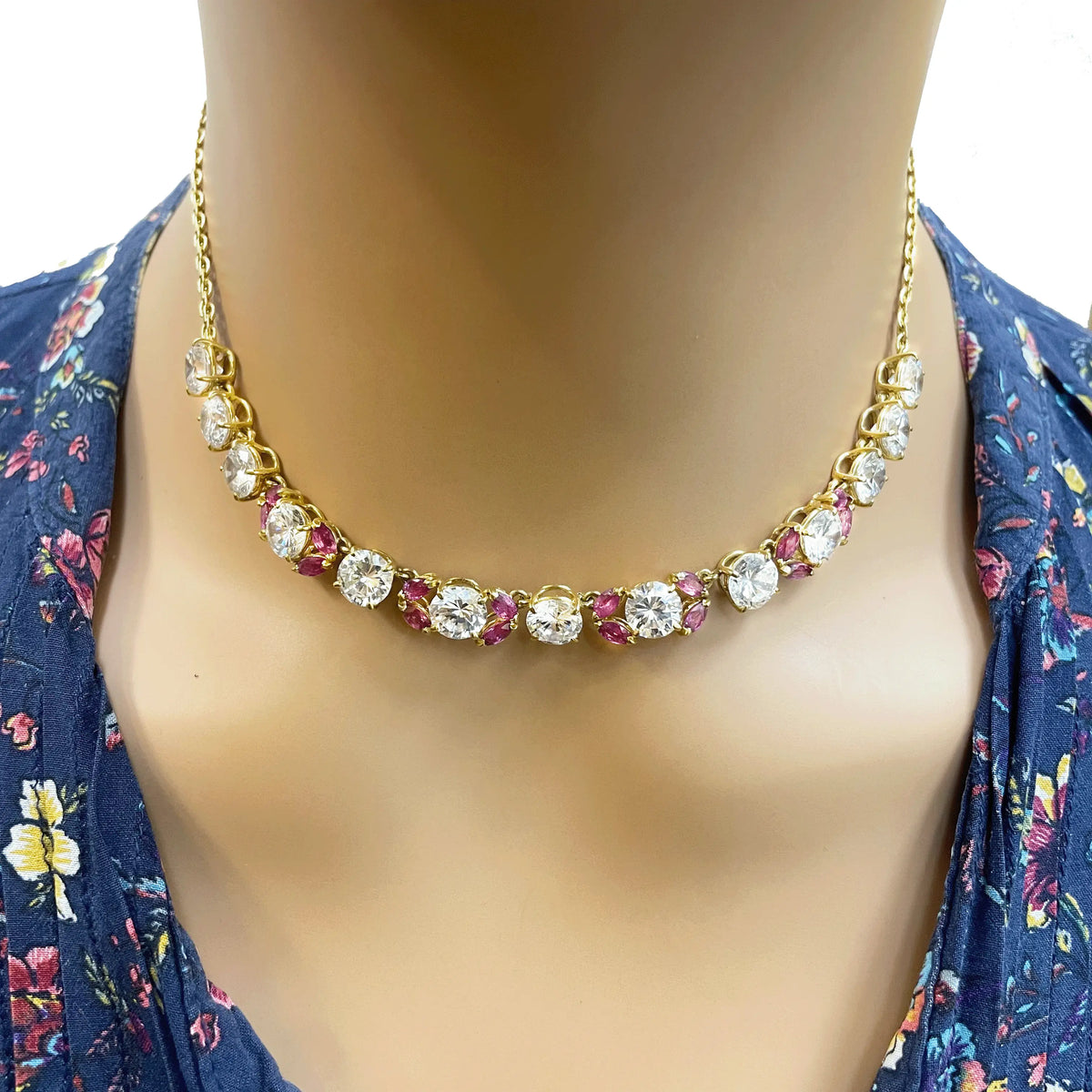 18ct Cubic Zirconia & Synthetic Ruby Necklace, 22.6gms 