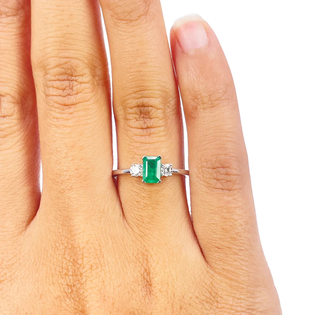 18ct Gold Emerald Diamond Ring Natural Round & Emerald Cut Three-Stone 0.70ct  Diamond Ring
