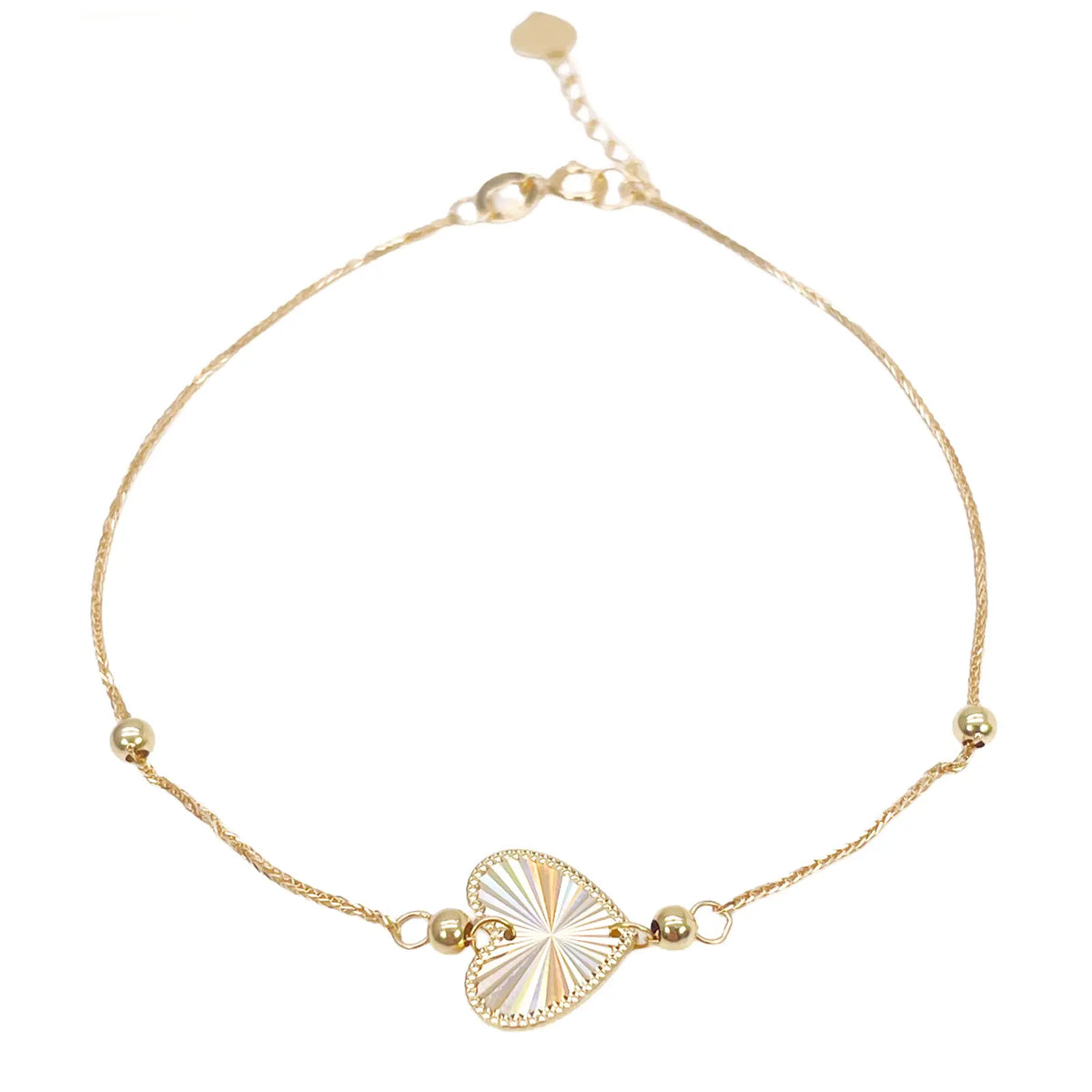 18ct Gold Heart Bracelet High Polished Beads Spiga Chain 7.5 Inches 