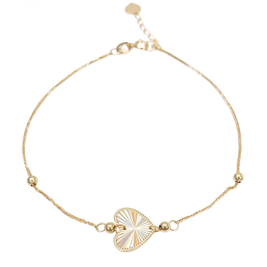 18ct Gold Heart Bracelet High Polished Beads Spiga Chain 7.5 Inches 
