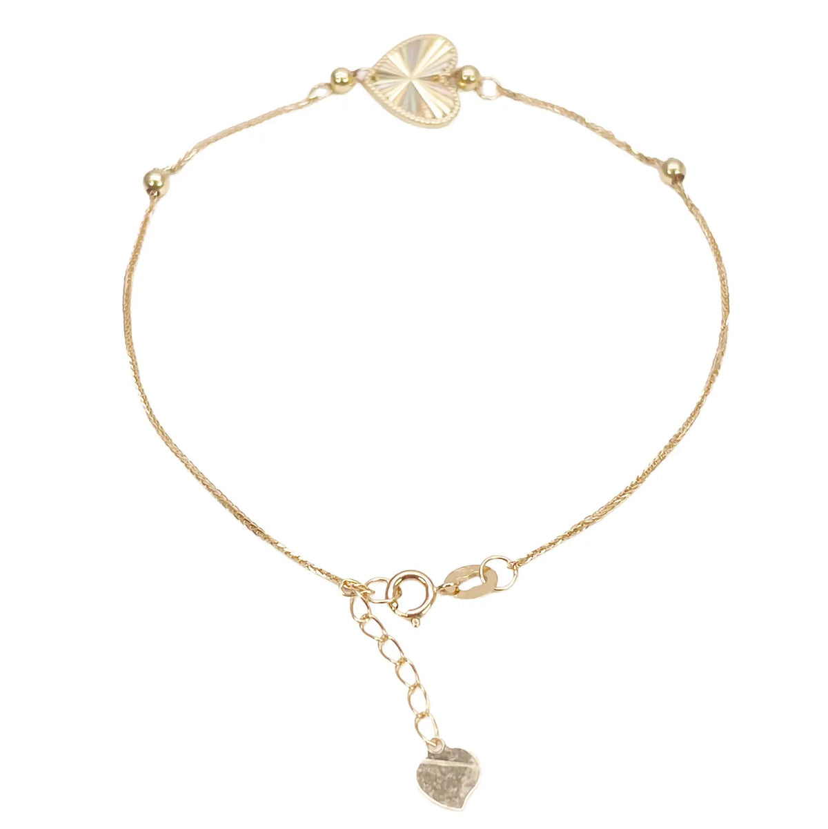 18ct Gold Heart Bracelet High Polished Beads Spiga Chain 7.5 Inches 