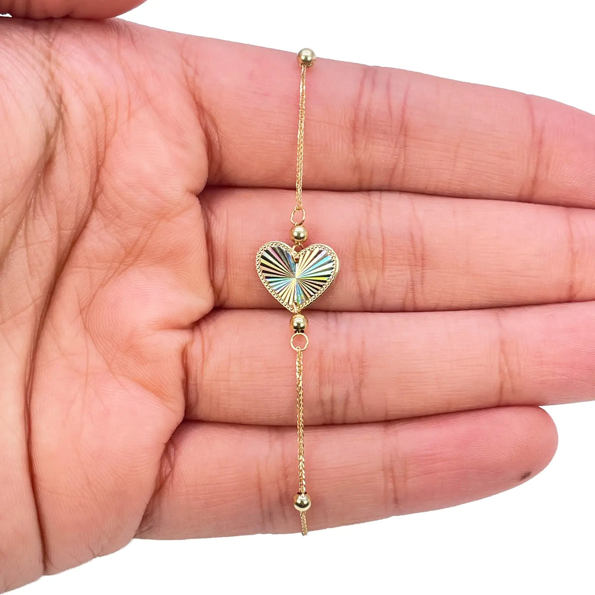 18ct Gold Heart Bracelet High Polished Beads Spiga Chain 7.5 Inches 