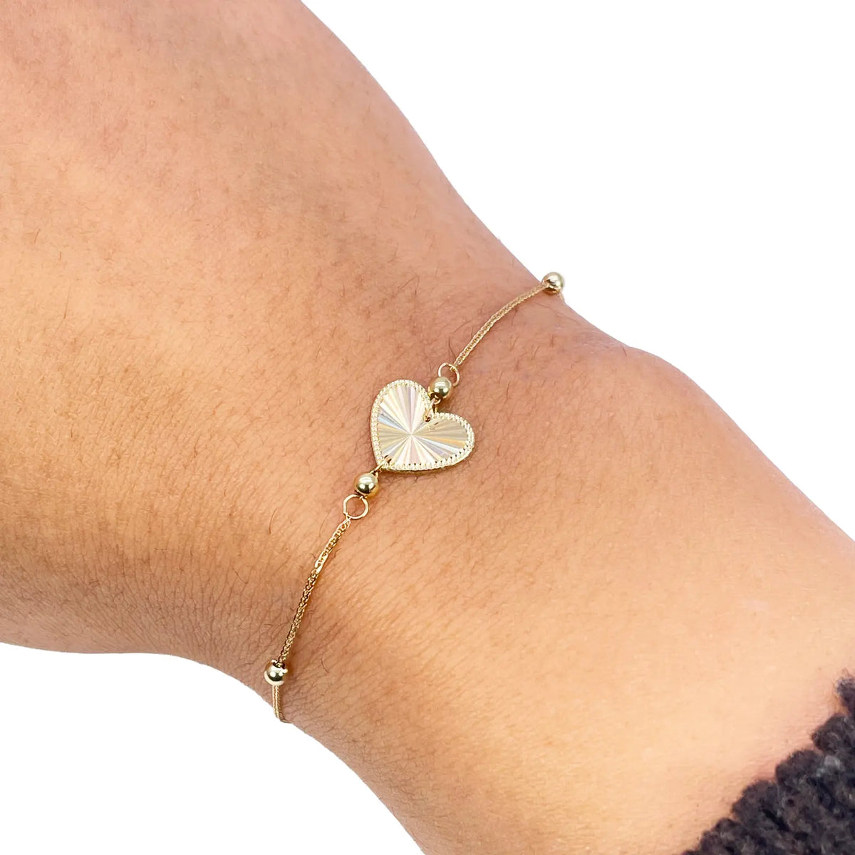 18ct Gold Heart Bracelet High Polished Beads Spiga Chain 7.5 Inches 