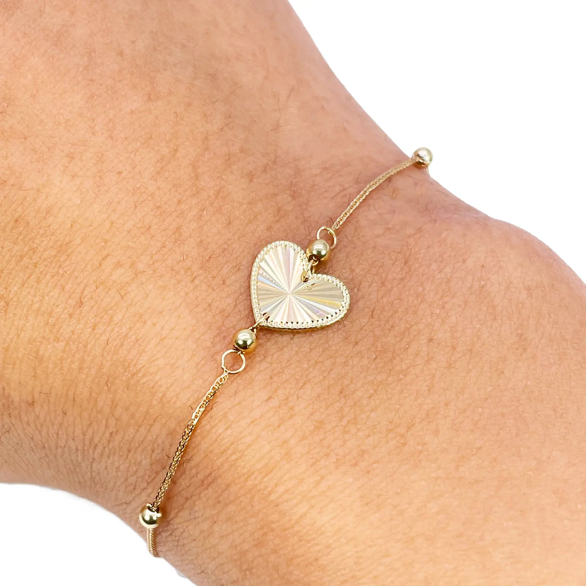18ct Gold Heart Bracelet High Polished Beads Spiga Chain 7.5 Inches 