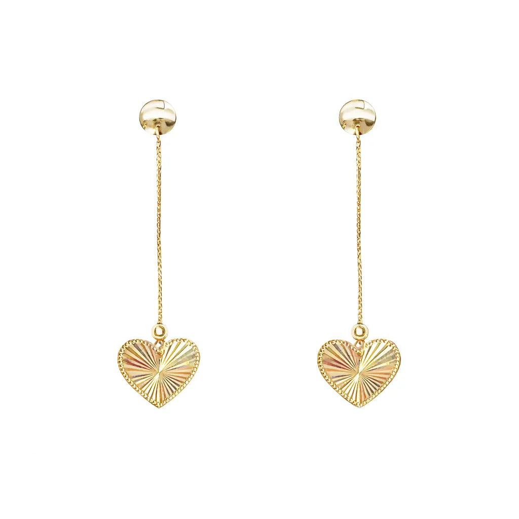 18ct Gold Heart Drop Earrings Diamond Cut High Polished Stud - 38mm Length 