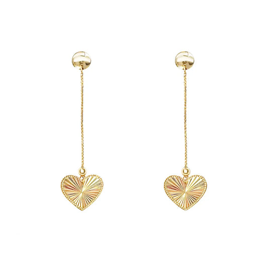 18ct Gold Heart Drop Earrings Diamond Cut High Polished Stud - 38mm Length 