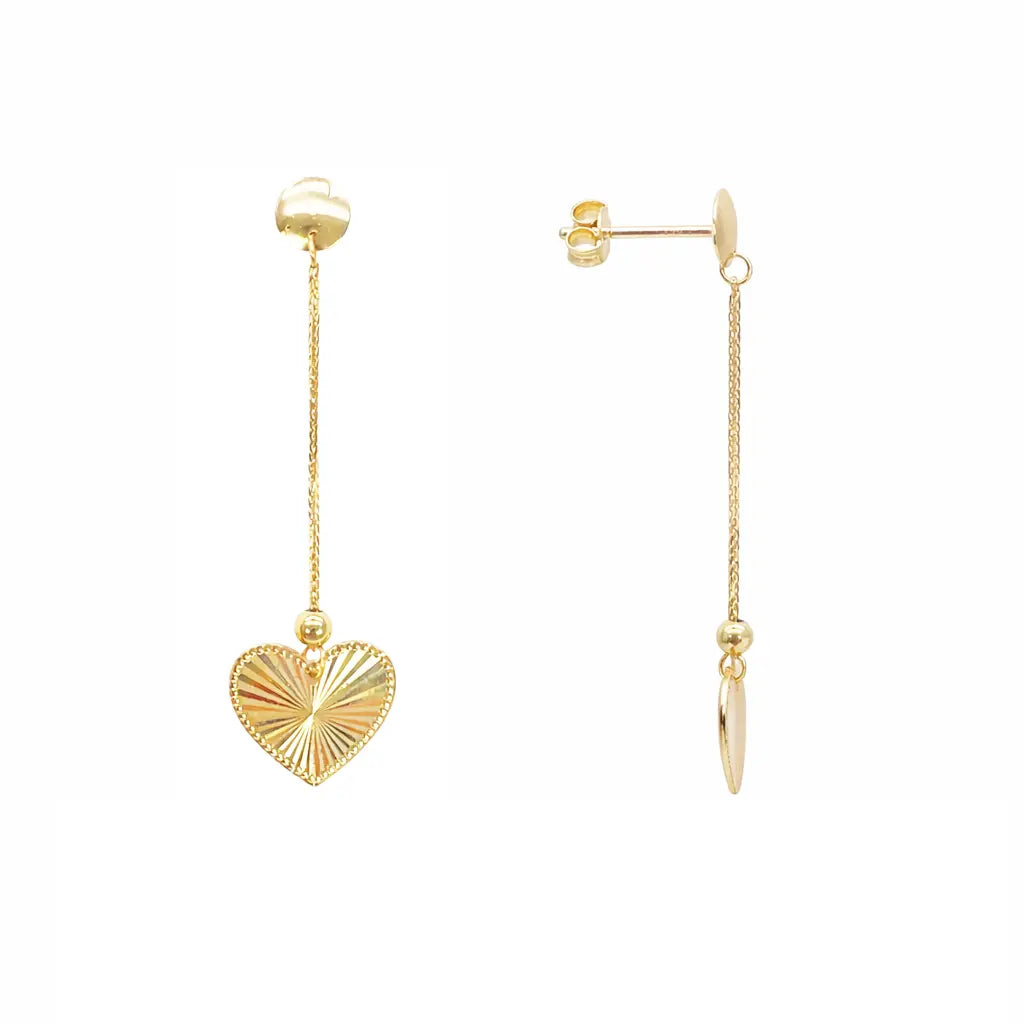 18ct Gold Heart Drop Earrings Diamond Cut High Polished Stud - 38mm Length 