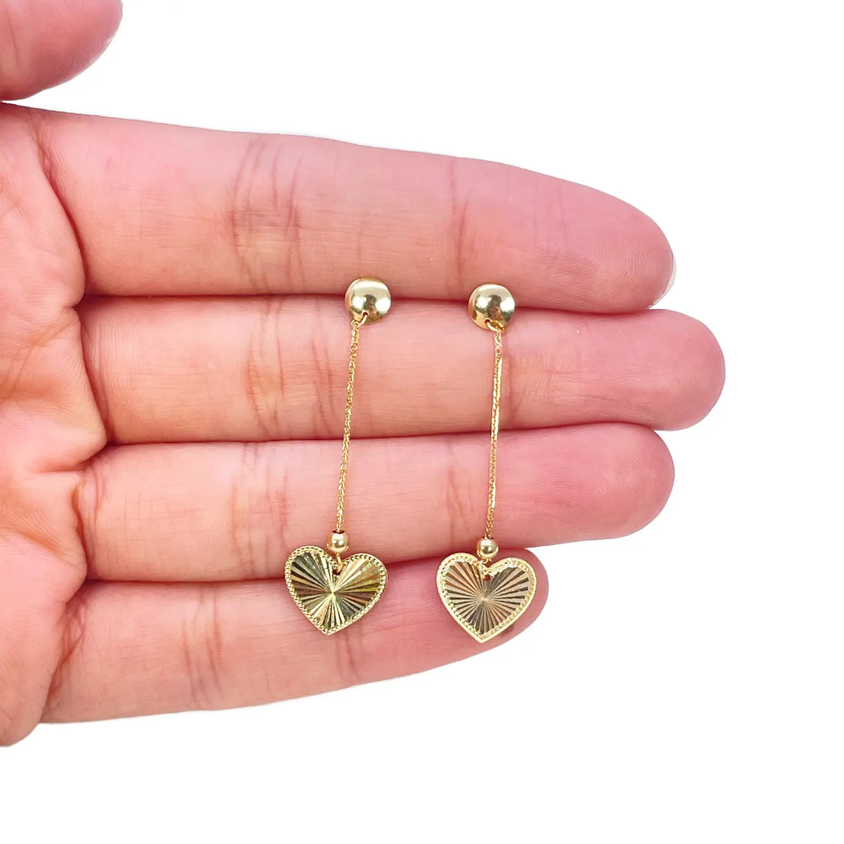 18ct Gold Heart Drop Earrings Diamond Cut High Polished Stud - 38mm Length 