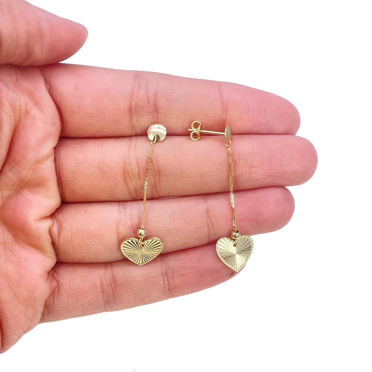 18ct Gold Heart Drop Earrings Diamond Cut High Polished Stud - 38mm Length 