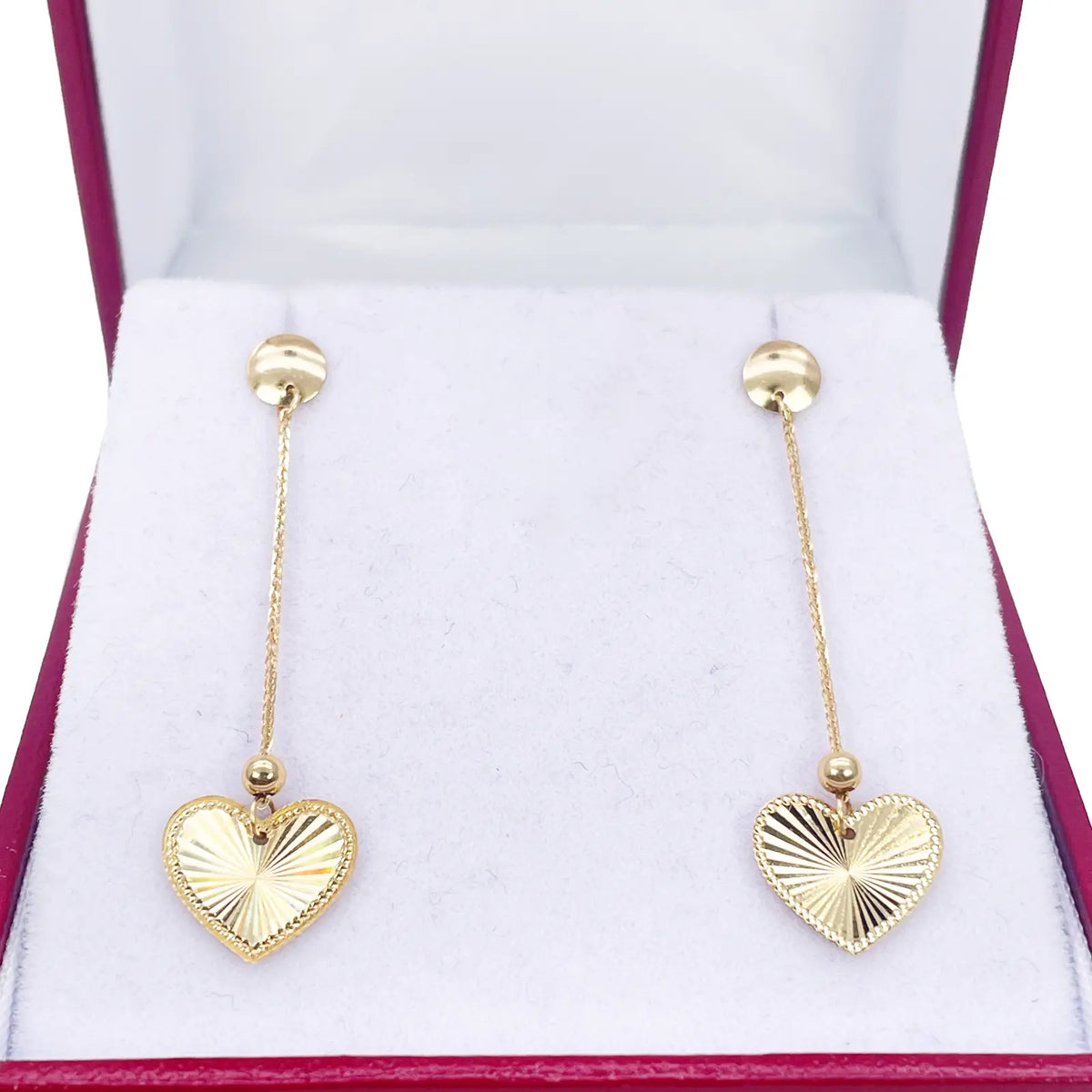18ct Gold Heart Drop Earrings Diamond Cut High Polished Stud - 38mm Length 