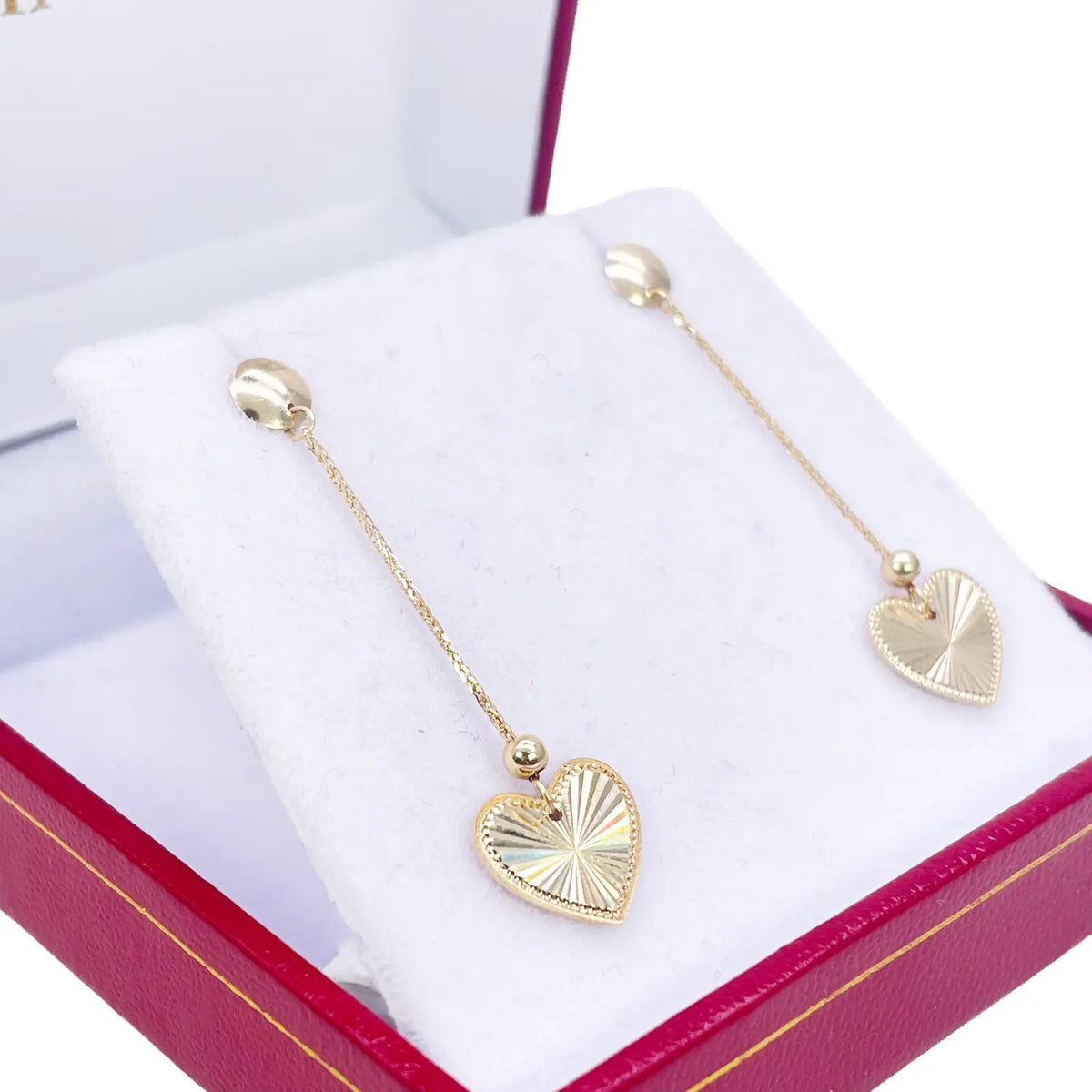 18ct Gold Heart Drop Earrings Diamond Cut High Polished Stud - 38mm Length 