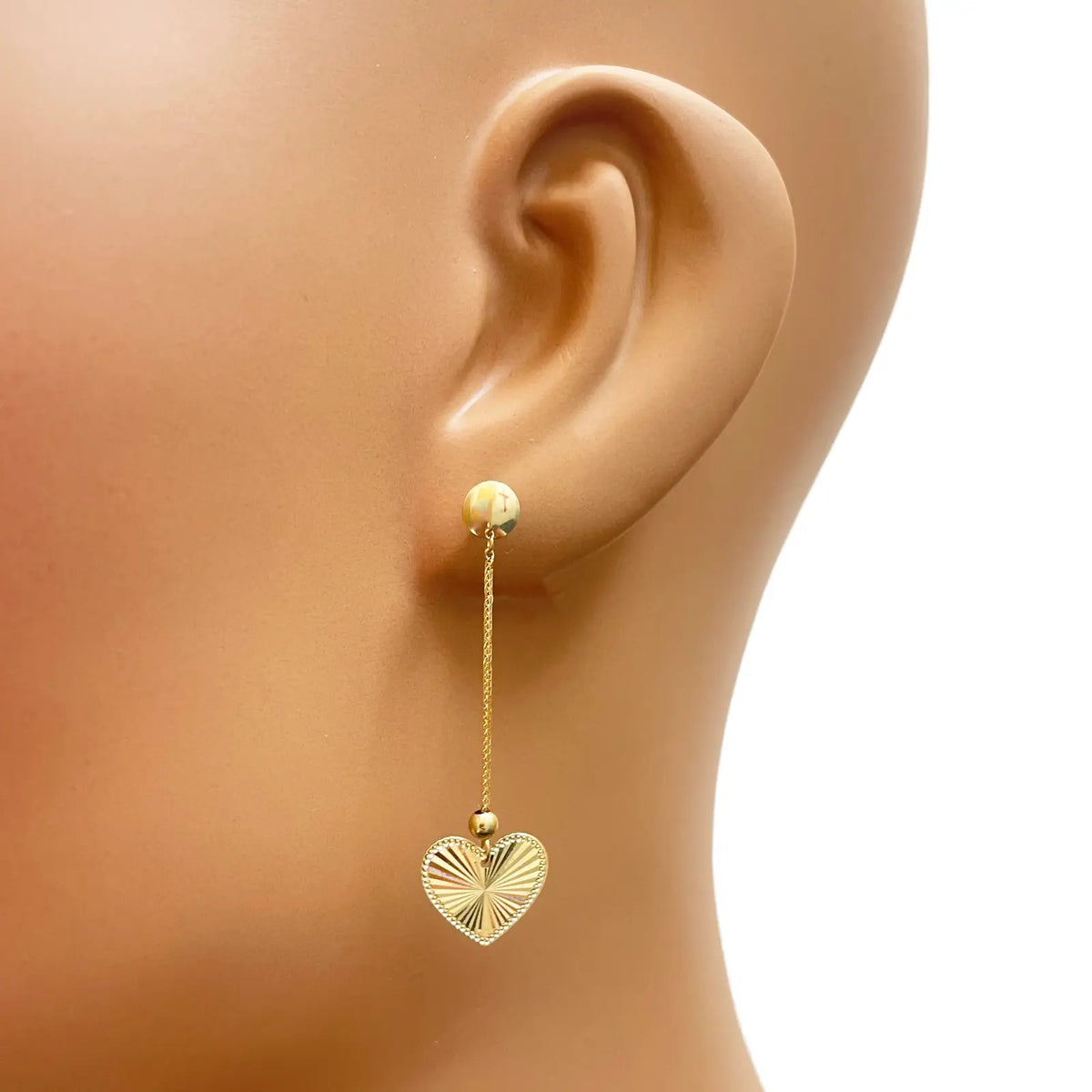 18ct Gold Heart Drop Earrings Diamond Cut High Polished Stud - 38mm Length 