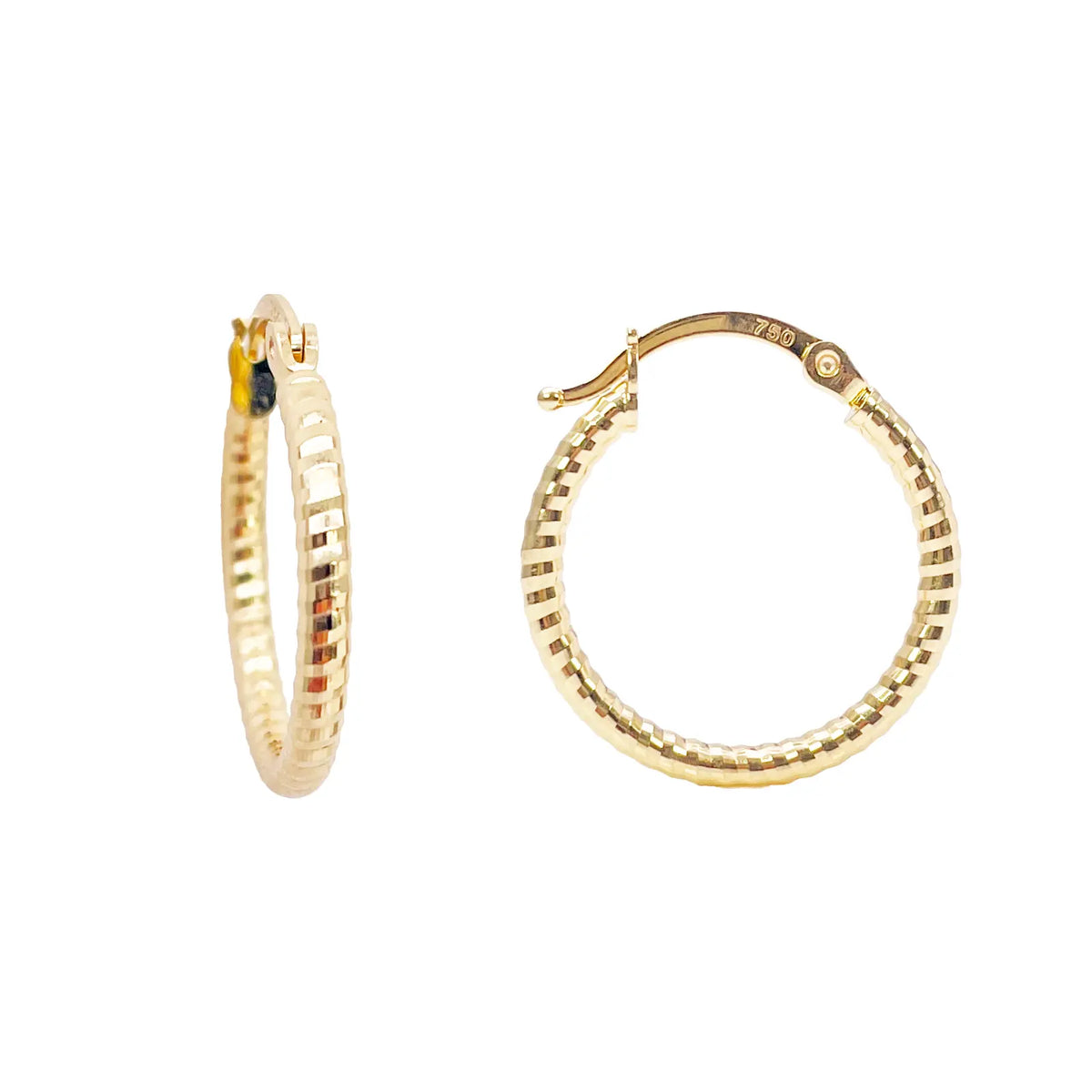 18ct Gold Hoop High Polished Diamond Cut Huggie Earrings 15mm Diameter 