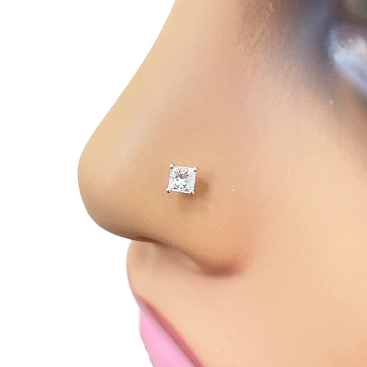 18ct Gold Natural Princess Diamond Nose Stud Pin 0.20ct 4 Claw Certified  Body Piercing