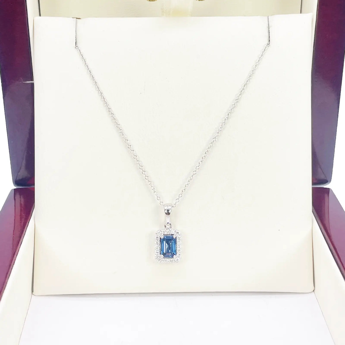 18ct Gold Natural Round Diamond & Sapphire Emerald Cut Halo Necklace 0.75ct 