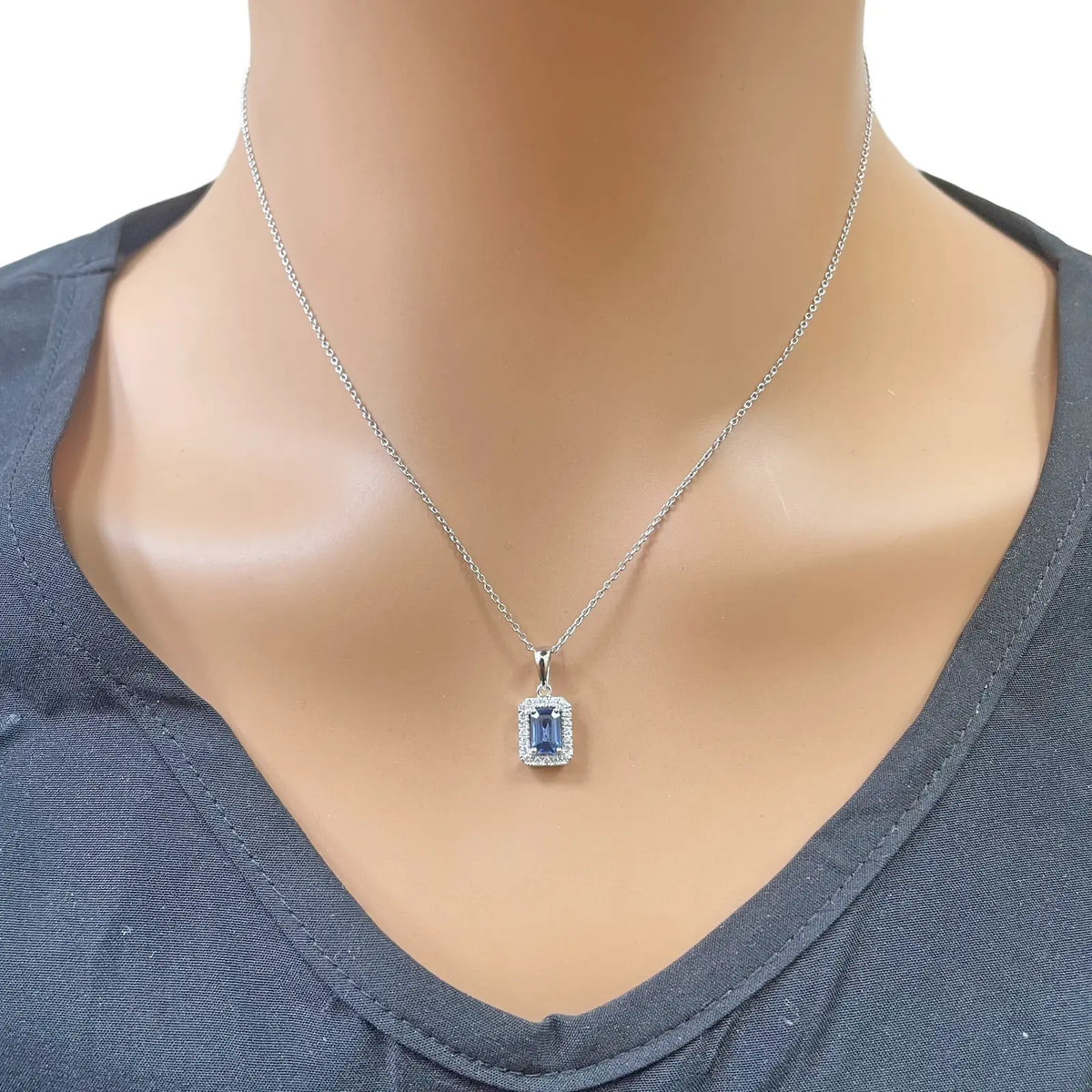 18ct Gold Natural Round Diamond & Sapphire Emerald Cut Halo Necklace 0.75ct 