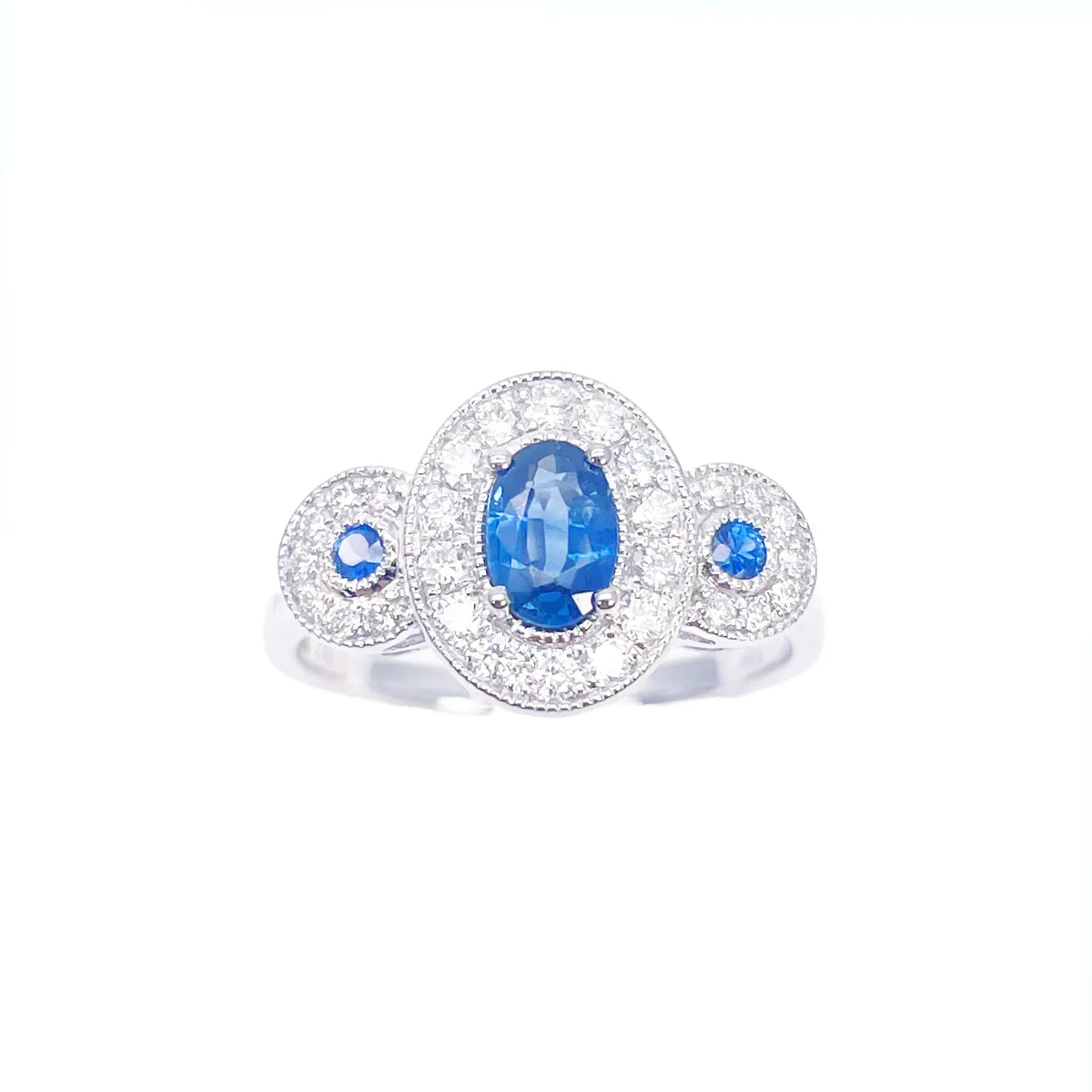 18ct Gold Natural Sapphire Diamond Halo Ring Round & Oval Cut 0.95ct  Diamond Ring