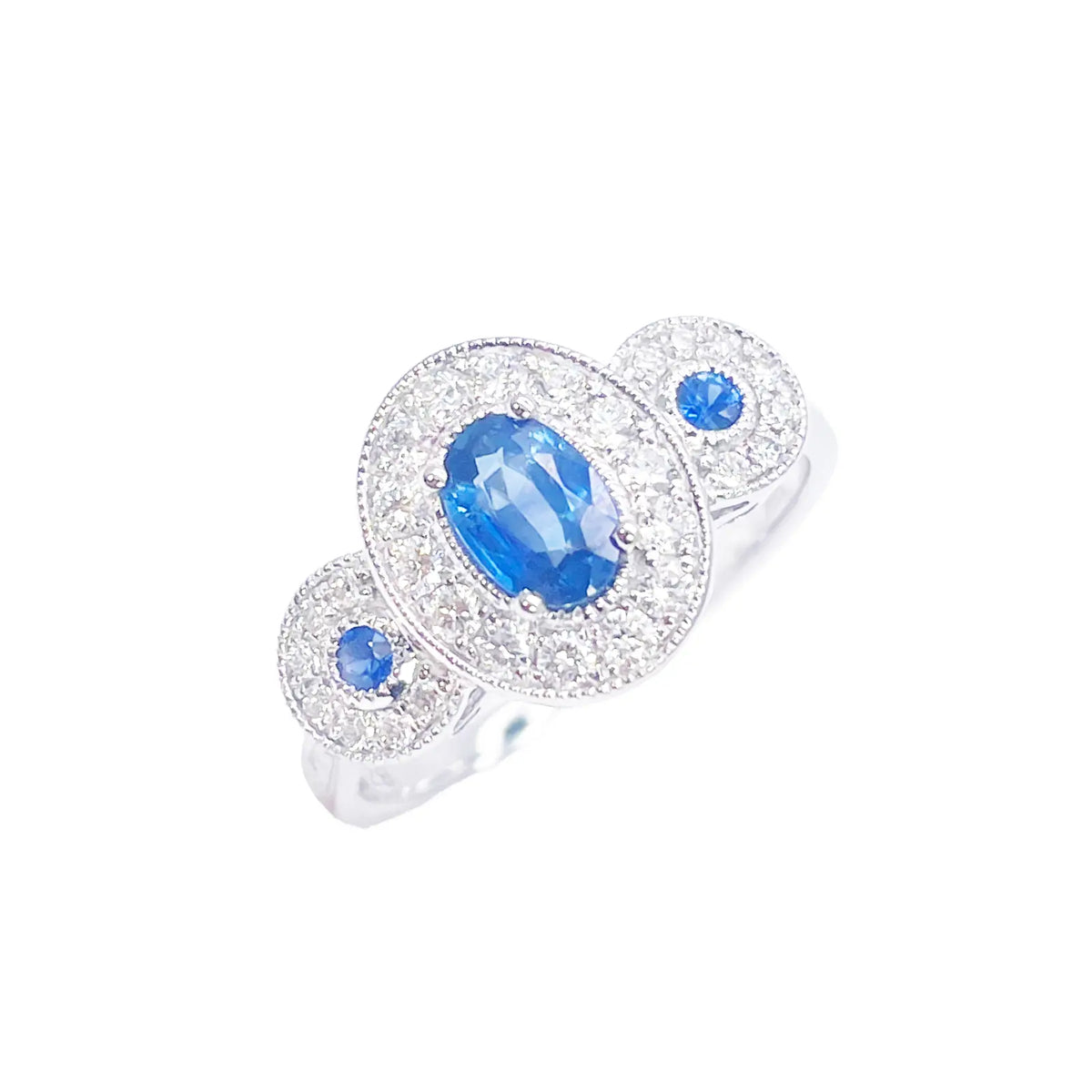 18ct Gold Natural Sapphire Diamond Halo Ring Round & Oval Cut 0.95ct  Diamond Ring