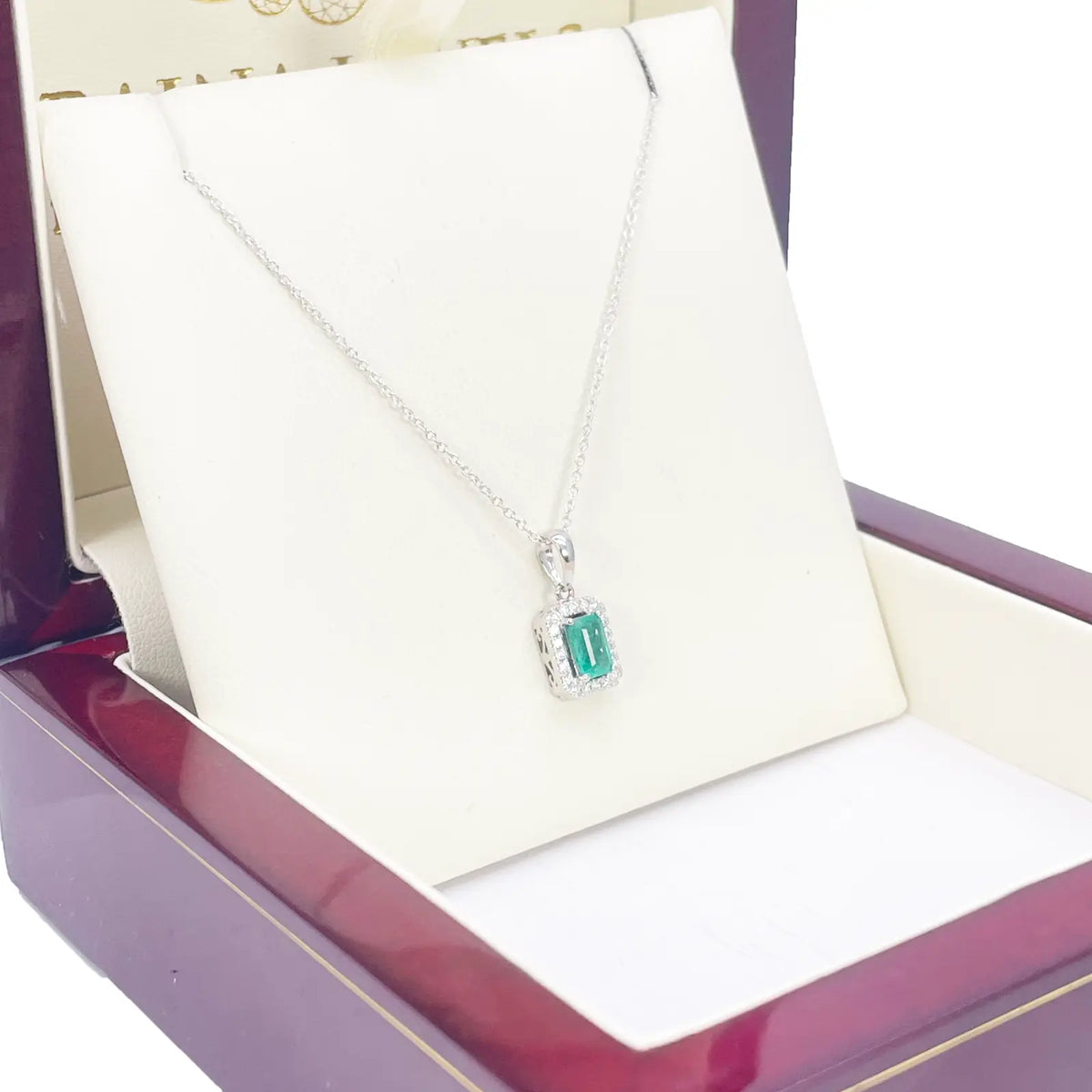 18ct Gold Necklace Natural Diamond/Emerald Round & Emerald Cut Halo Pendant 0.60ct 