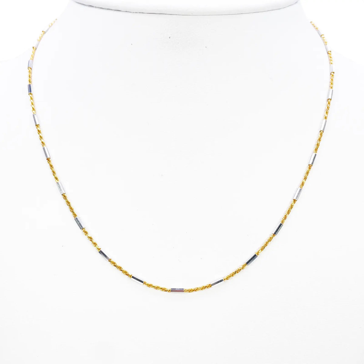 18ct Gold Rope Chain Two-Tone Bar Link Necklace 16 Inches 1.3mm Width 