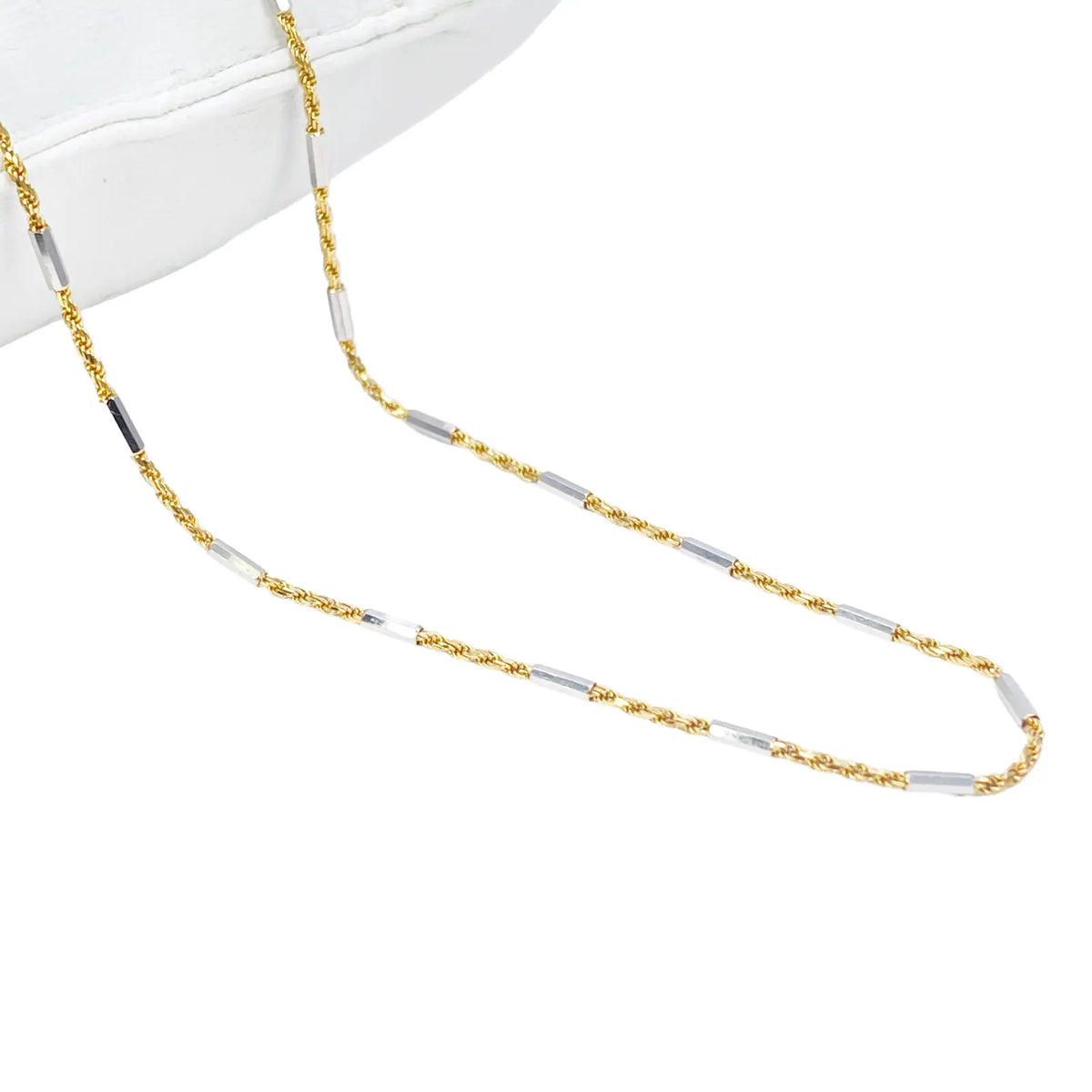 18ct Gold Rope Chain Two-Tone Bar Link Necklace 16 Inches 1.3mm Width 