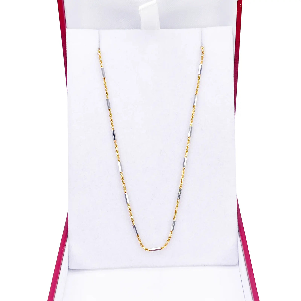18ct Gold Rope Chain Two-Tone Bar Link Necklace 16 Inches 1.3mm Width 