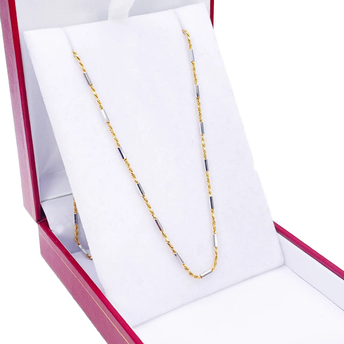 18ct Gold Rope Chain Two-Tone Bar Link Necklace 16 Inches 1.3mm Width 