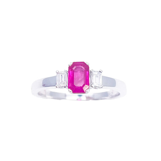 18ct Gold Ruby Diamond Ring Natural Baguette & Emerald Cut 0.85ct  Diamond Ring
