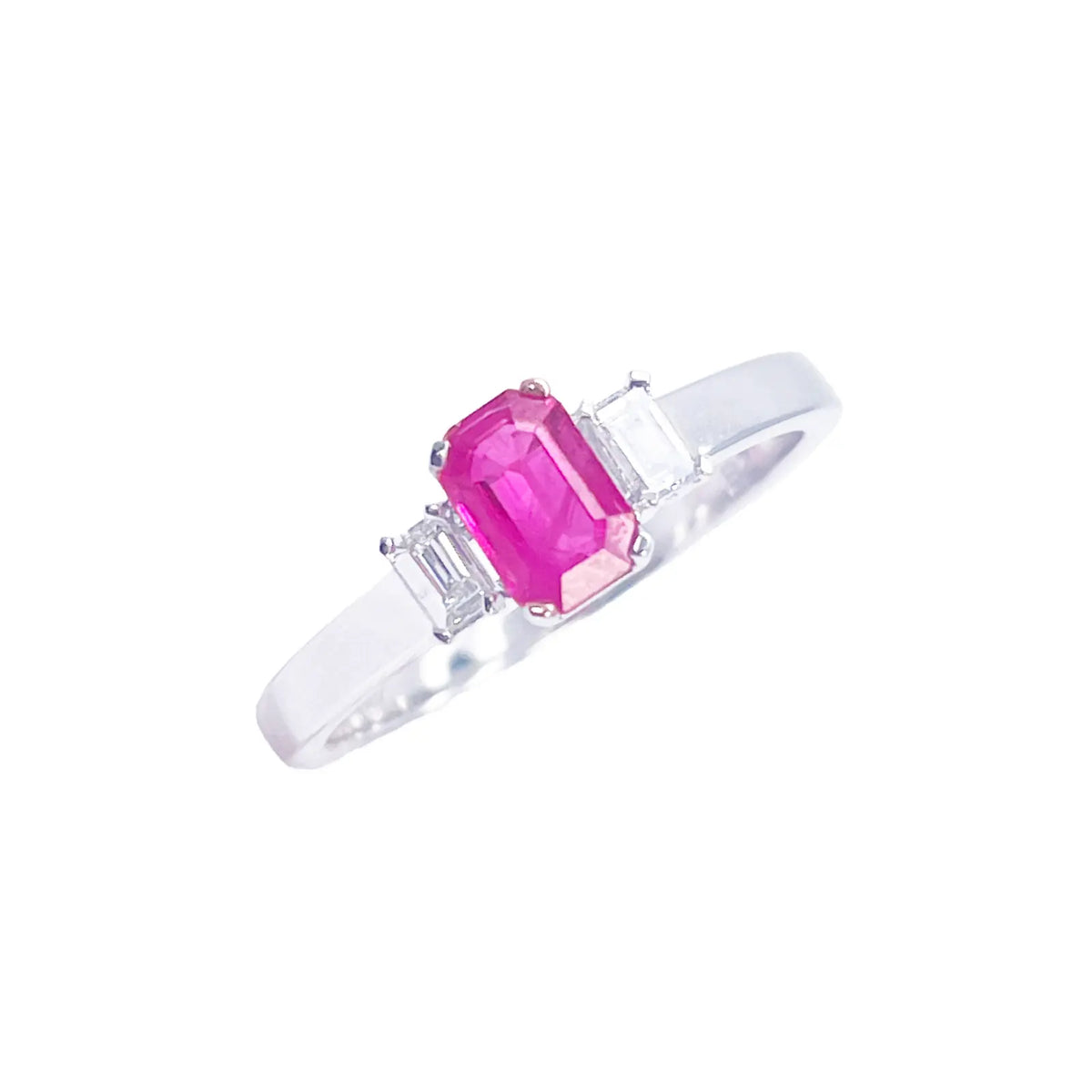 18ct Gold Ruby Diamond Ring Natural Baguette & Emerald Cut 0.85ct  Diamond Ring
