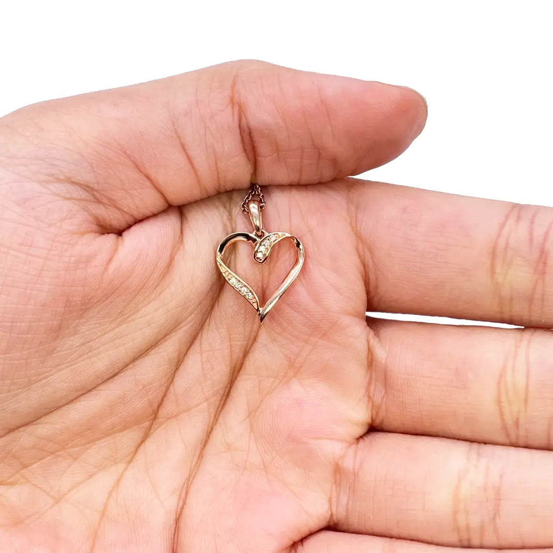 18ct Rose Gold Diamond Open Heart Pendant 0.03ct & 16 inches Chain Necklace 