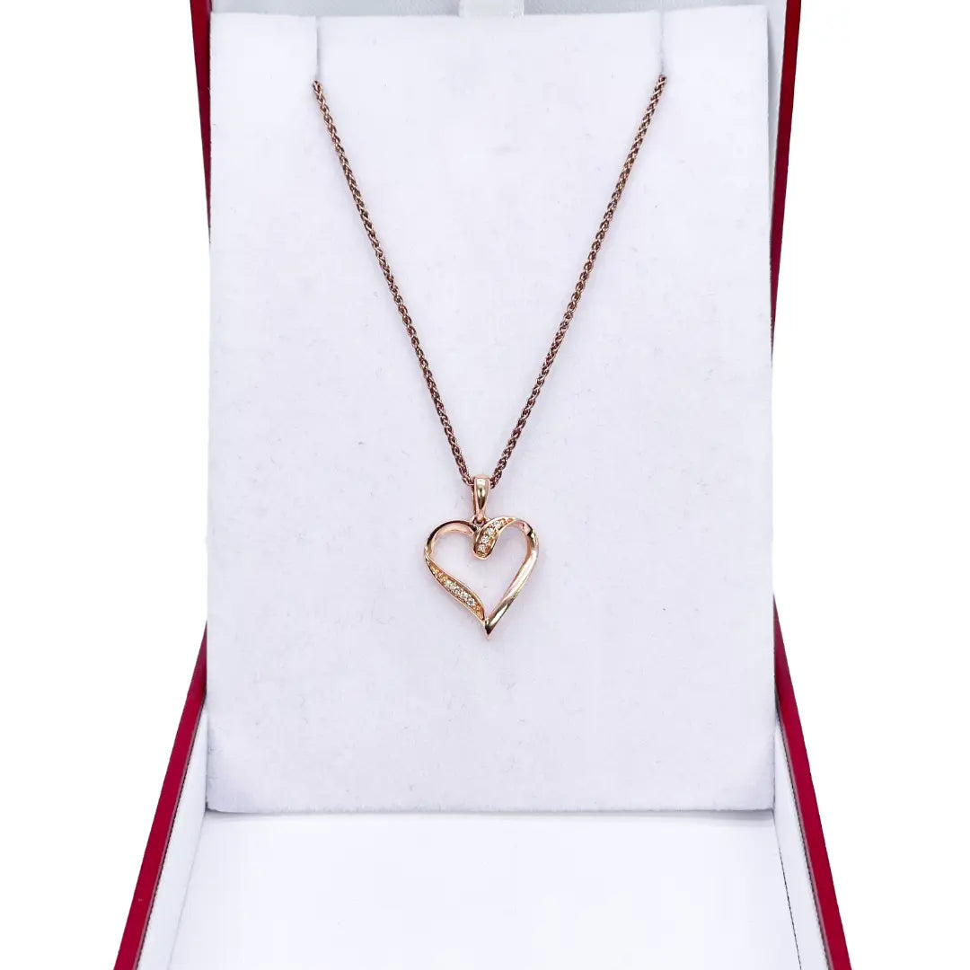18ct Rose Gold Diamond Open Heart Pendant 0.03ct & 16 inches Chain Necklace 