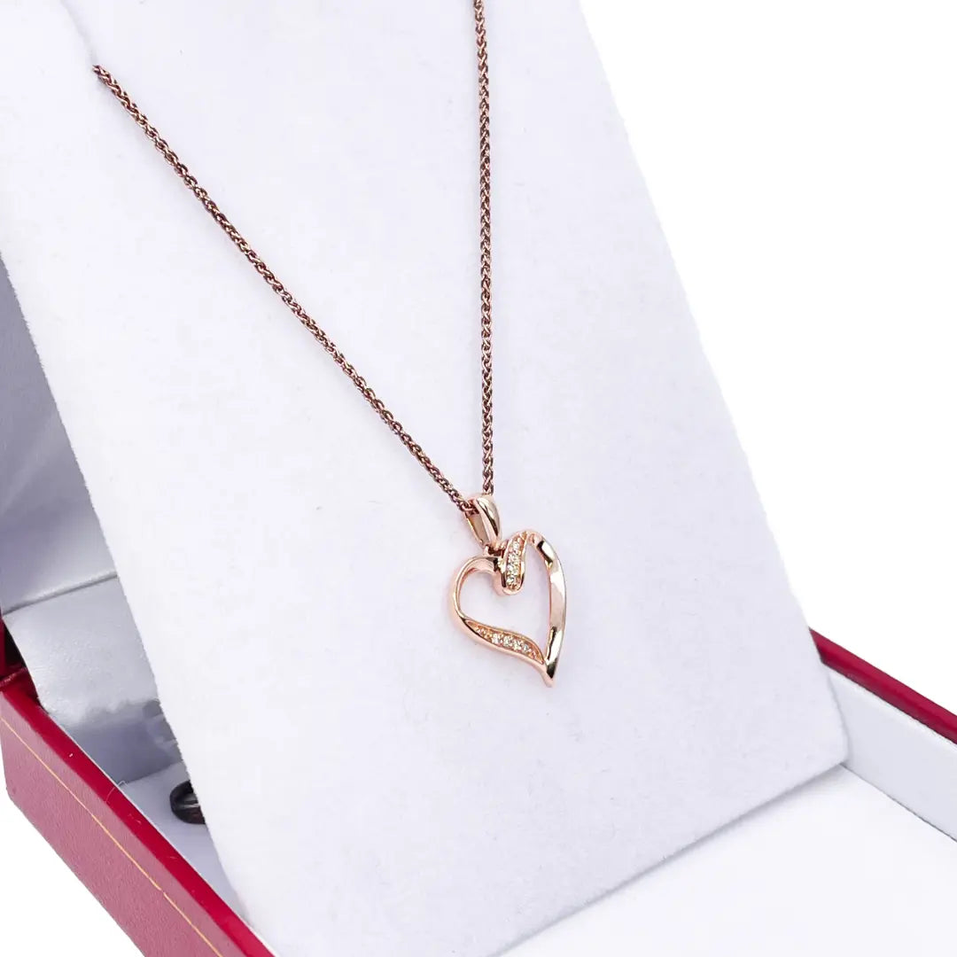18ct Rose Gold Diamond Open Heart Pendant 0.03ct & 16 inches Chain Necklace 