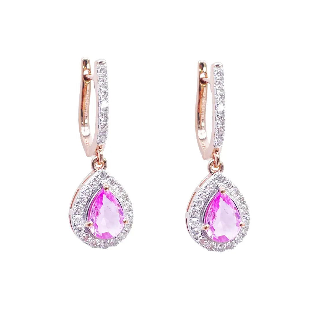 18ct Rose Gold Diamond & Pink Sapphire Pear Halo Teardrop Earrings 1.79ct  Earring