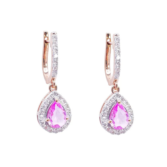 18ct Rose Gold Diamond & Pink Sapphire Pear Halo Teardrop Earrings 1.79ct  Earring