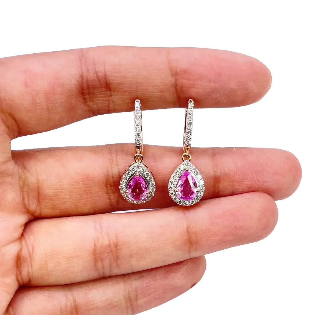 18ct Rose Gold Diamond & Pink Sapphire Pear Halo Teardrop Earrings 1.79ct  Earring