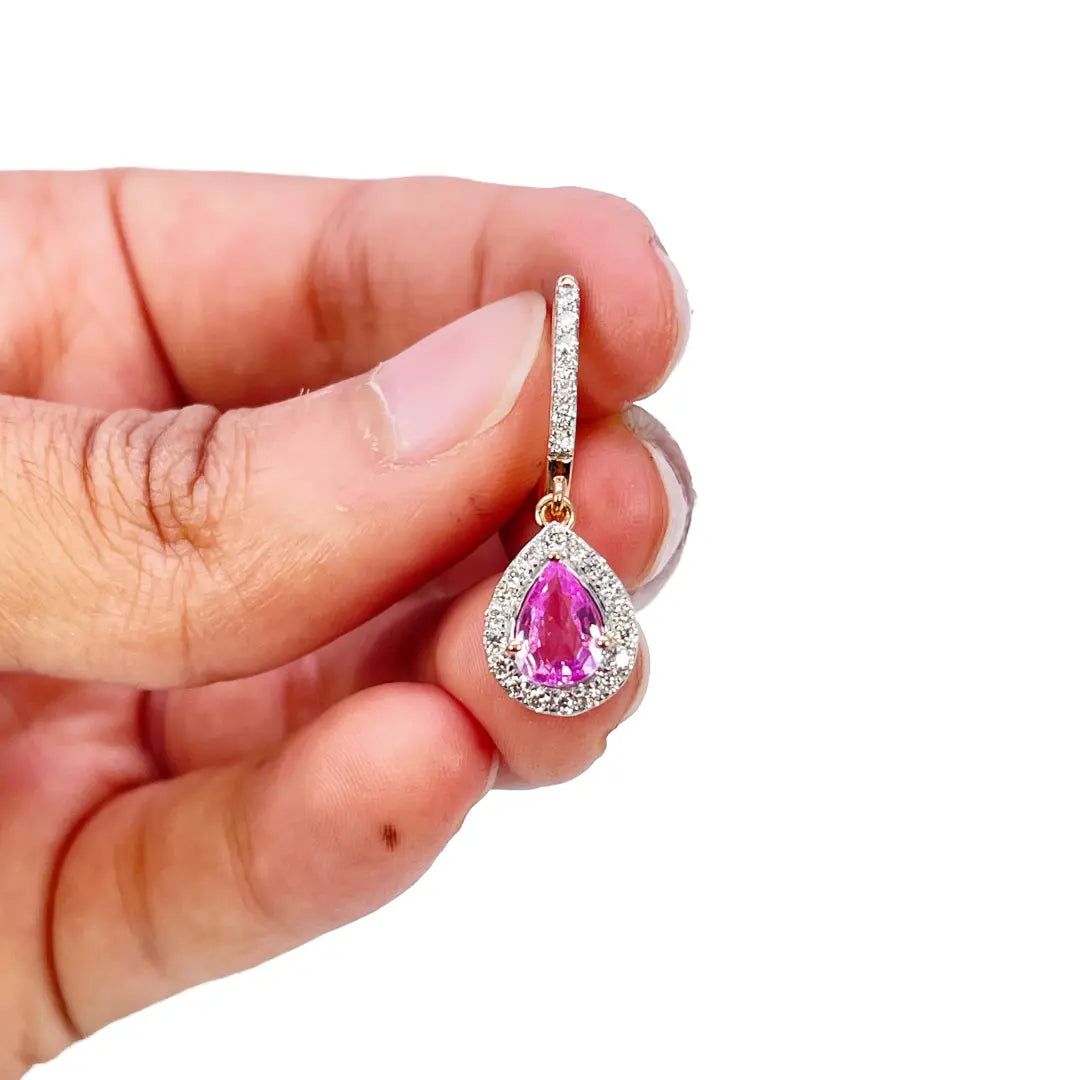 18ct Rose Gold Diamond & Pink Sapphire Pear Halo Teardrop Earrings 1.79ct  Earring