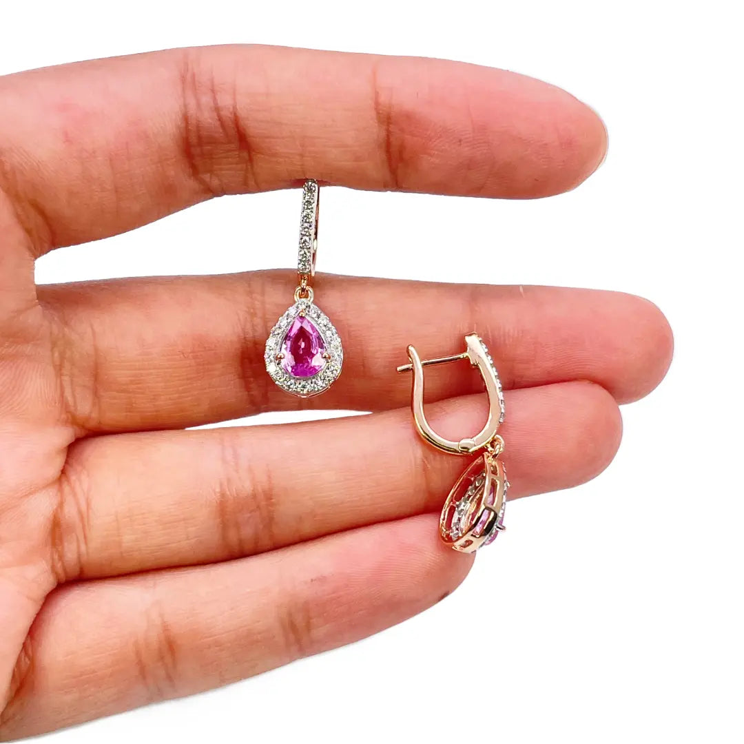 18ct Rose Gold Diamond & Pink Sapphire Pear Halo Teardrop Earrings 1.79ct  Earring