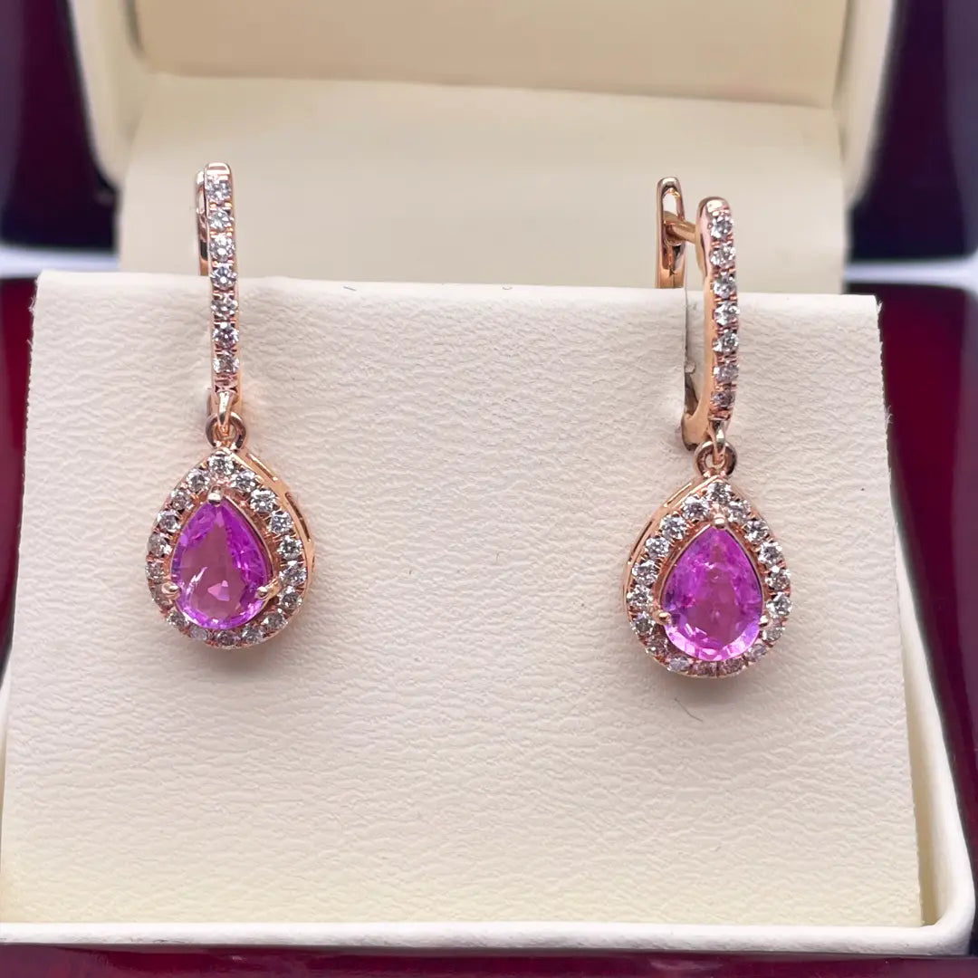18ct Rose Gold Diamond & Pink Sapphire Pear Halo Teardrop Earrings 1.79ct  Earring