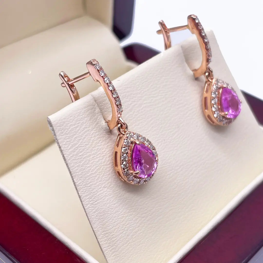 18ct Rose Gold Diamond & Pink Sapphire Pear Halo Teardrop Earrings 1.79ct  Earring