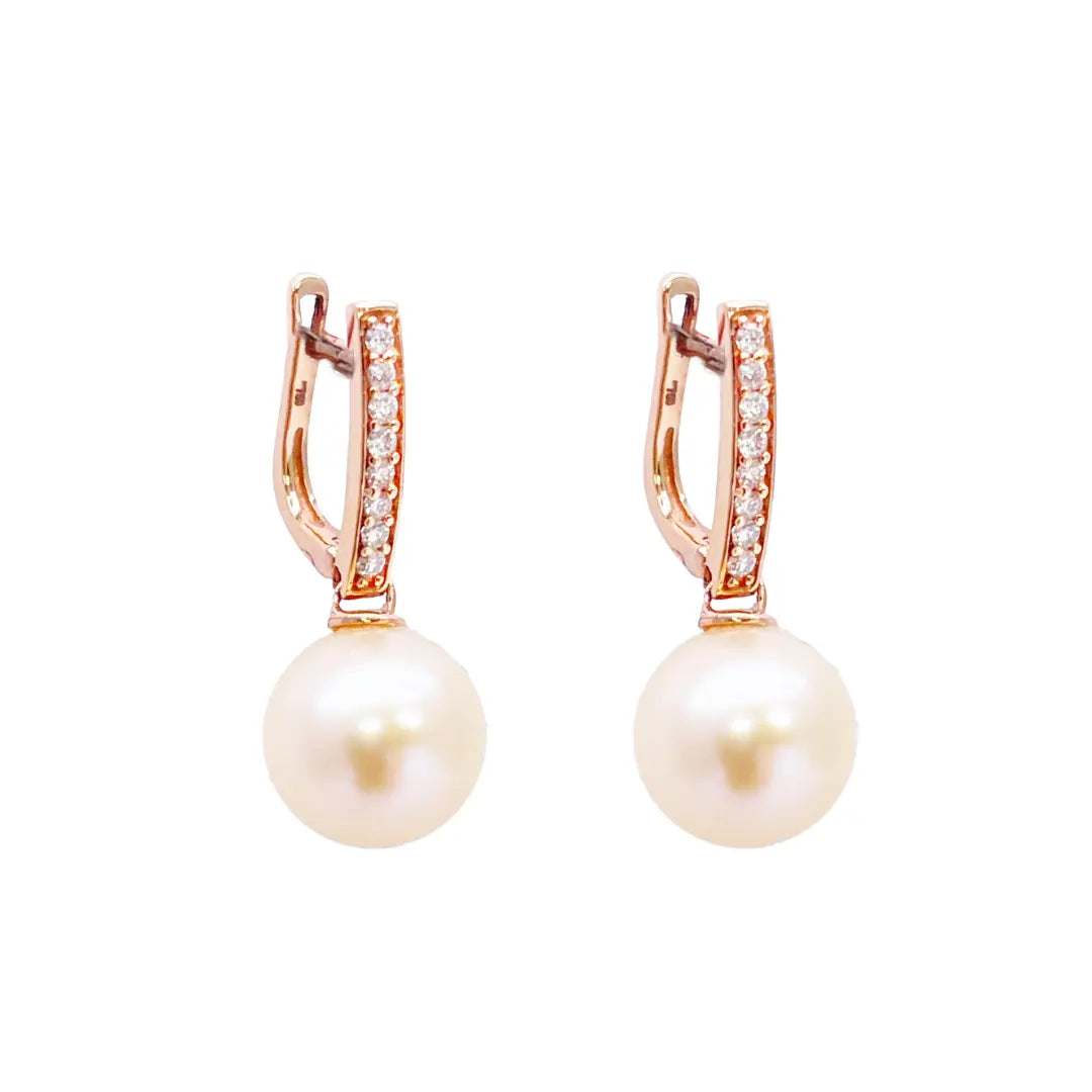 18ct Rose Gold Elegant Natural Diamonds & Pearl Drop Hoop Earrings 0.15ct  Gold earring