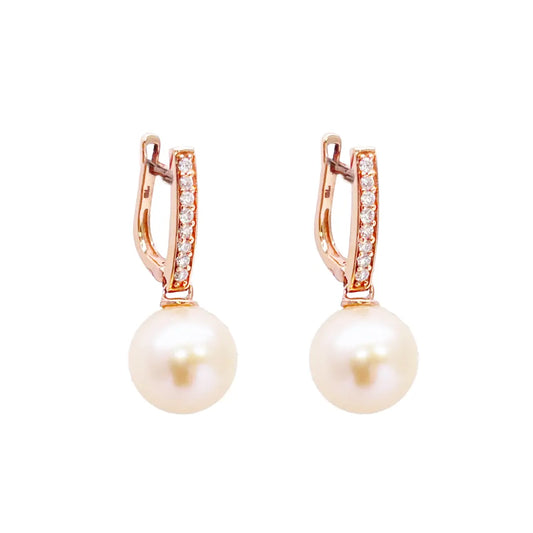 18ct Rose Gold Elegant Natural Diamonds & Pearl Drop Hoop Earrings 0.15ct  Gold earring