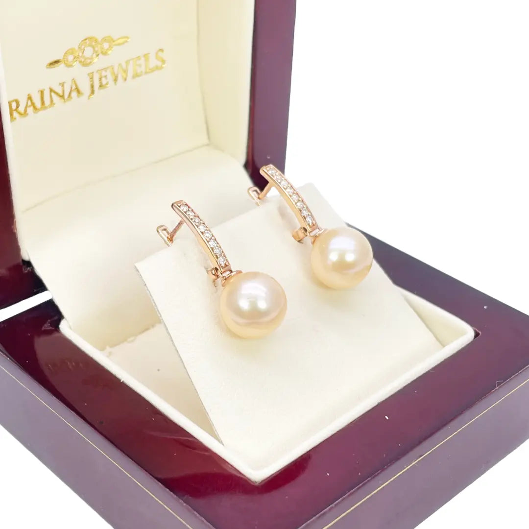 18ct Rose Gold Elegant Natural Diamonds & Pearl Drop Hoop Earrings 0.15ct  Gold earring