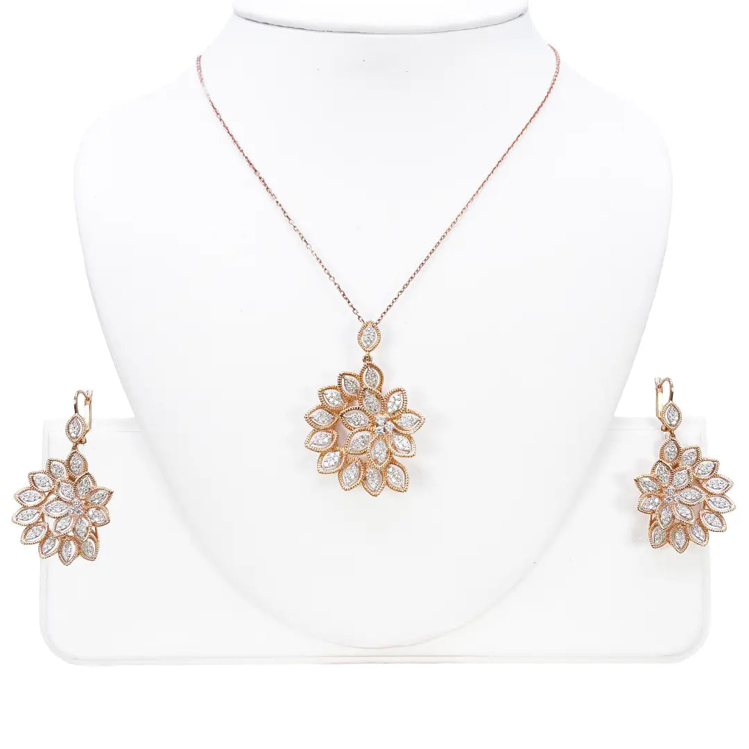 18ct Rose Gold Floral Natural Diamond Pendant, Chain & Matching Earrings 2.60ct 