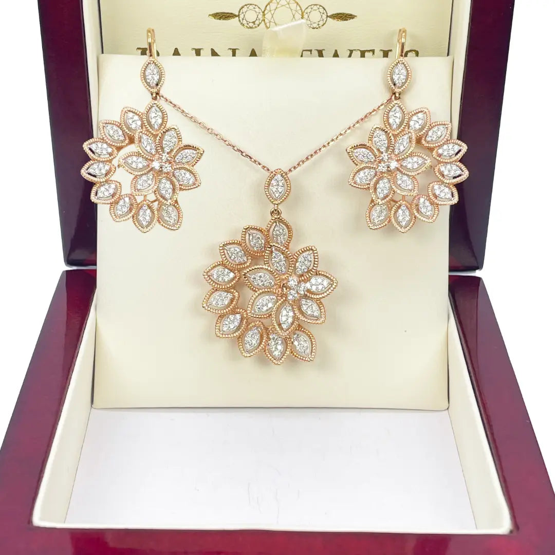 18ct Rose Gold Floral Natural Diamond Pendant, Chain & Matching Earrings 2.60ct 