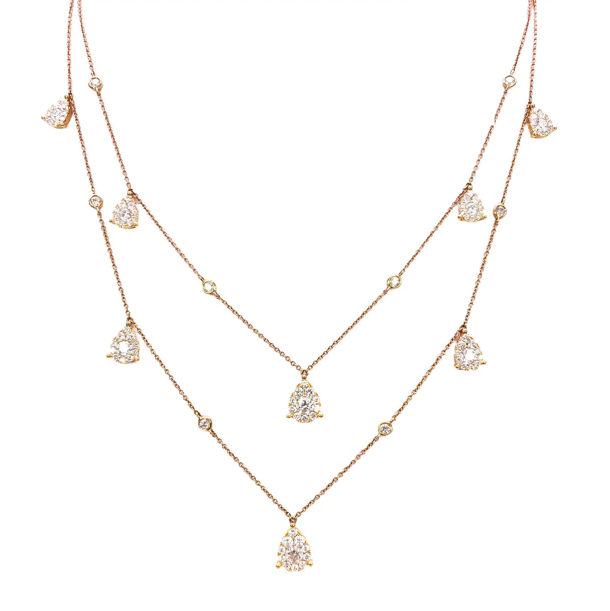 18ct Rose Gold Layered Necklace With Bezel & Claw Set Natural Round Diamonds 2.74ct 