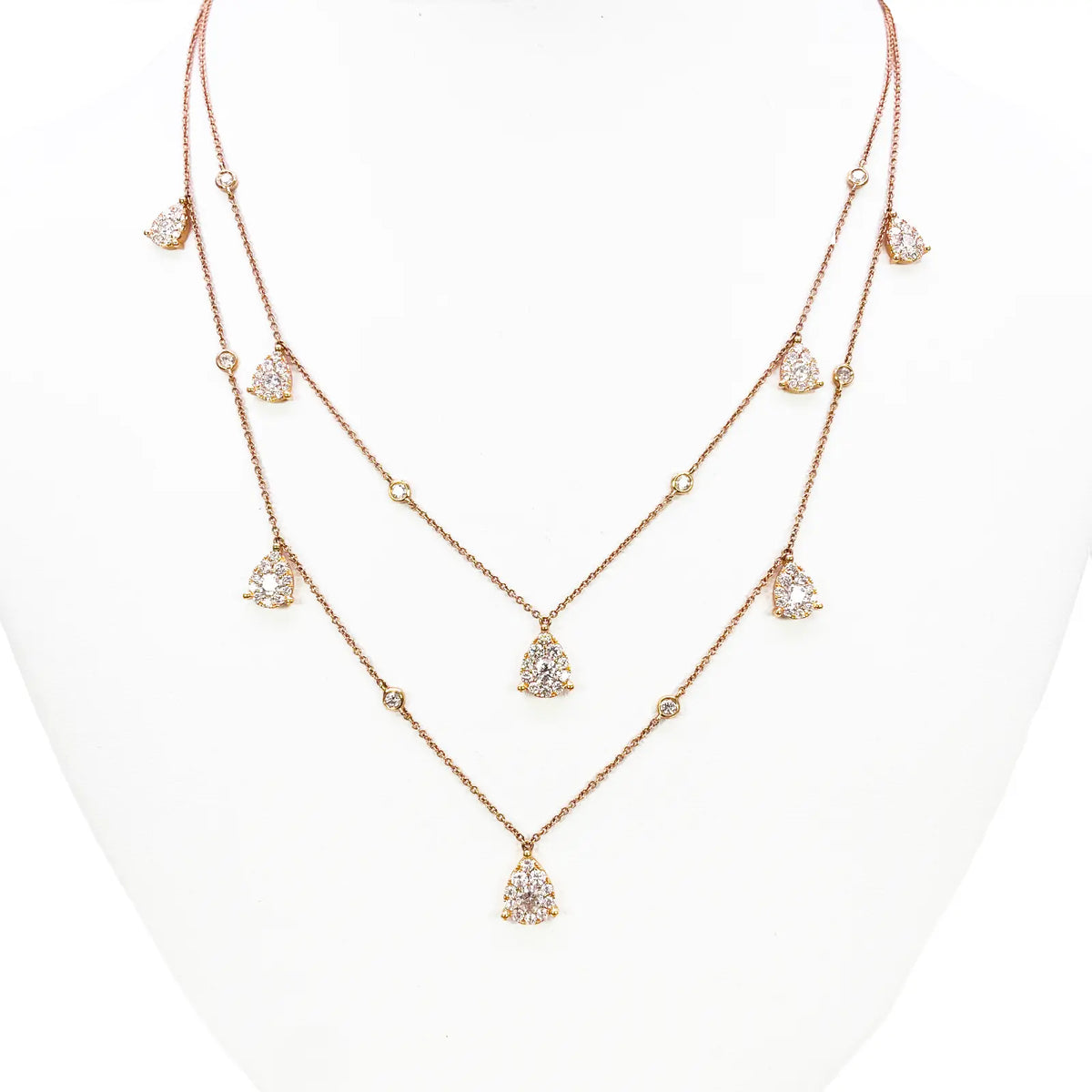 18ct Rose Gold Layered Necklace With Bezel & Claw Set Natural Round Diamonds 2.74ct 