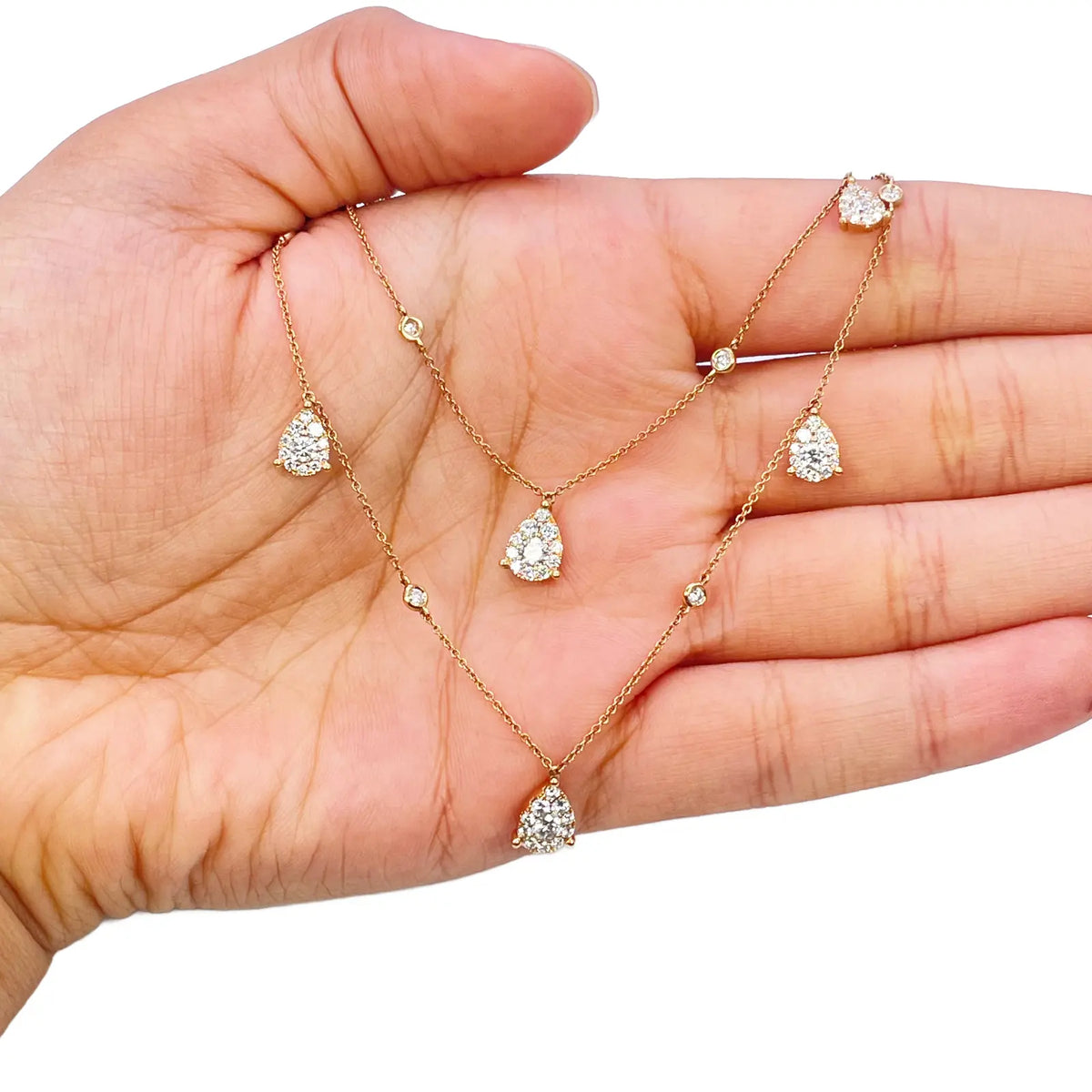 18ct Rose Gold Layered Necklace With Bezel & Claw Set Natural Round Diamonds 2.74ct 