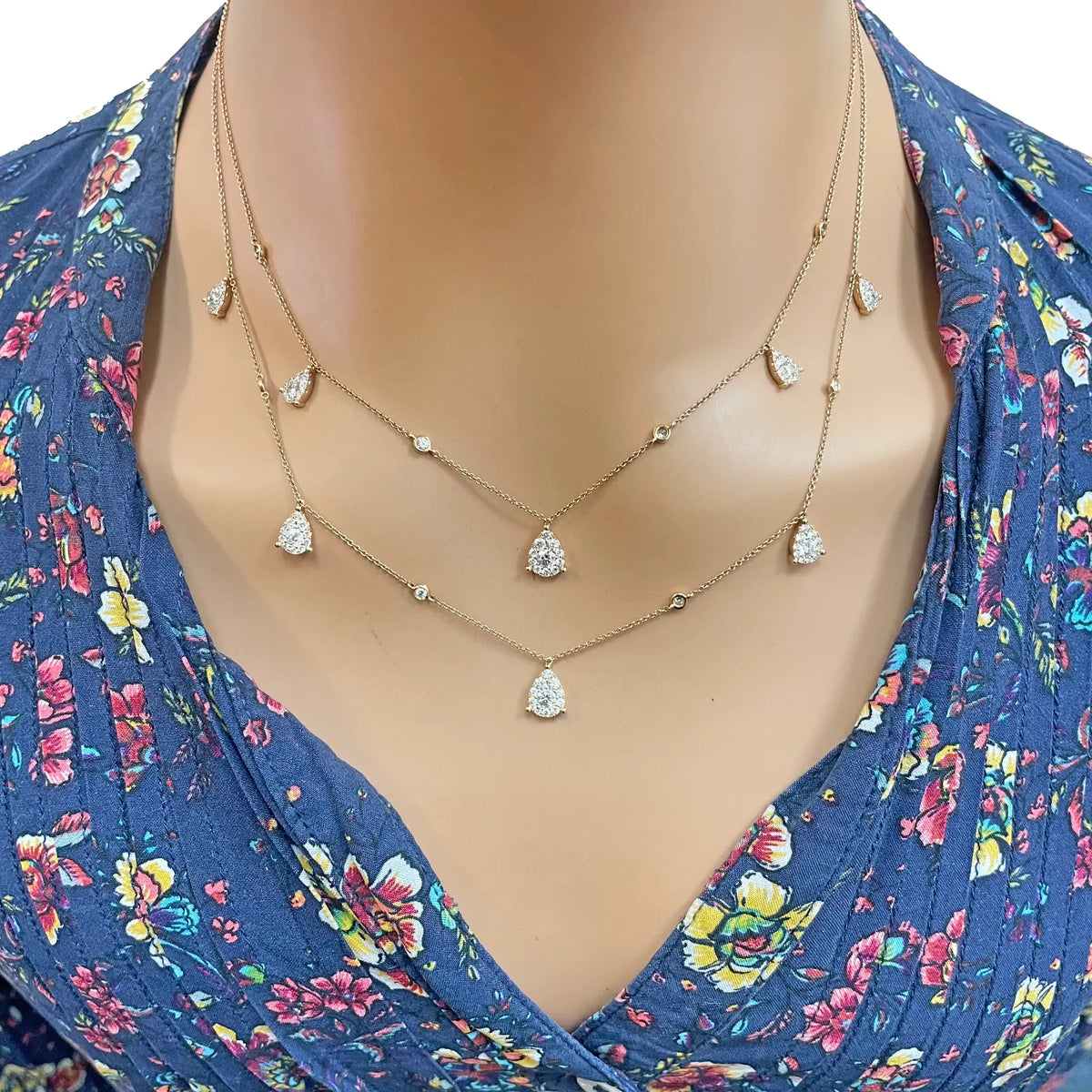 18ct Rose Gold Layered Necklace With Bezel & Claw Set Natural Round Diamonds 2.74ct 